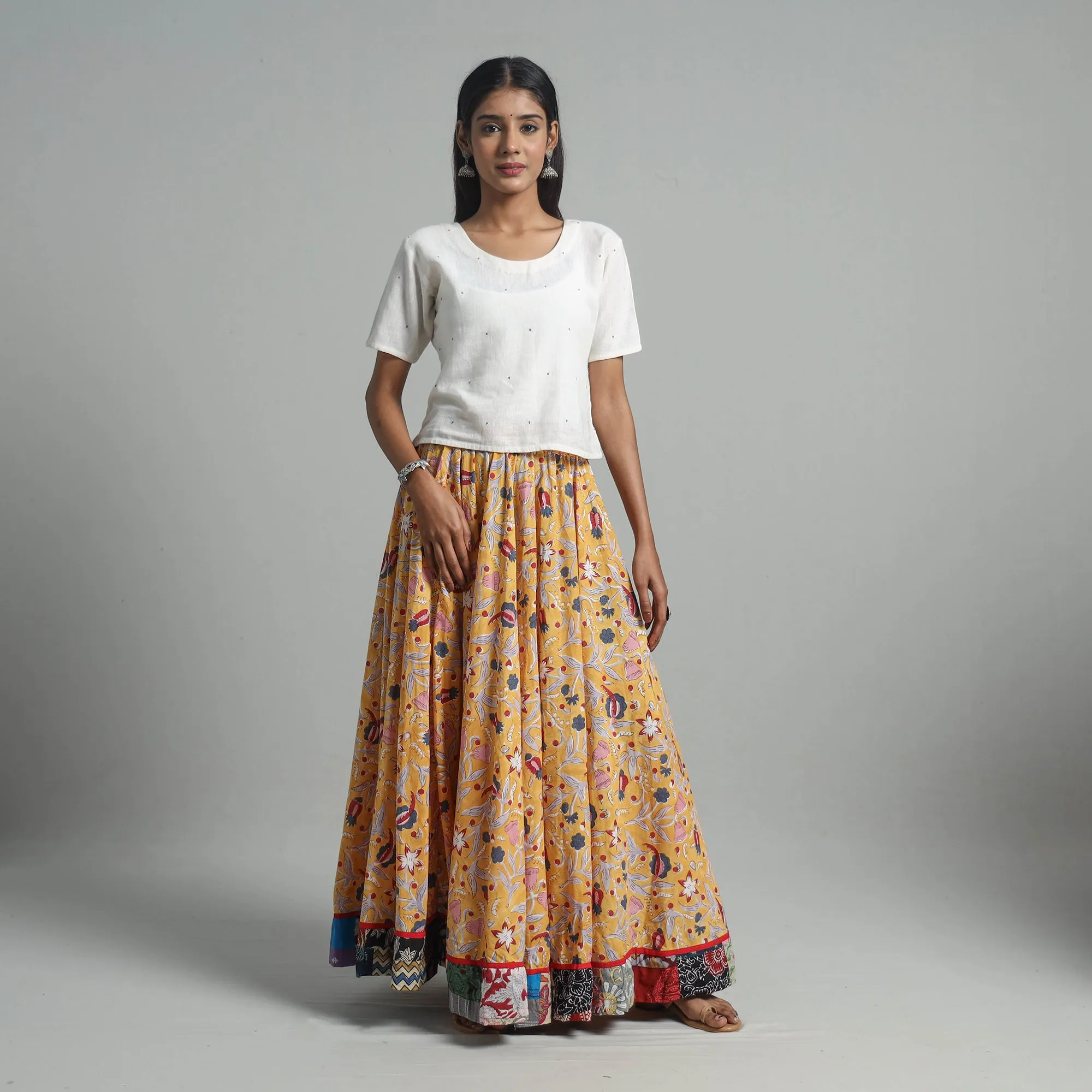 Yellow - Sanganeri Block Print Cotton Long Skirt 03