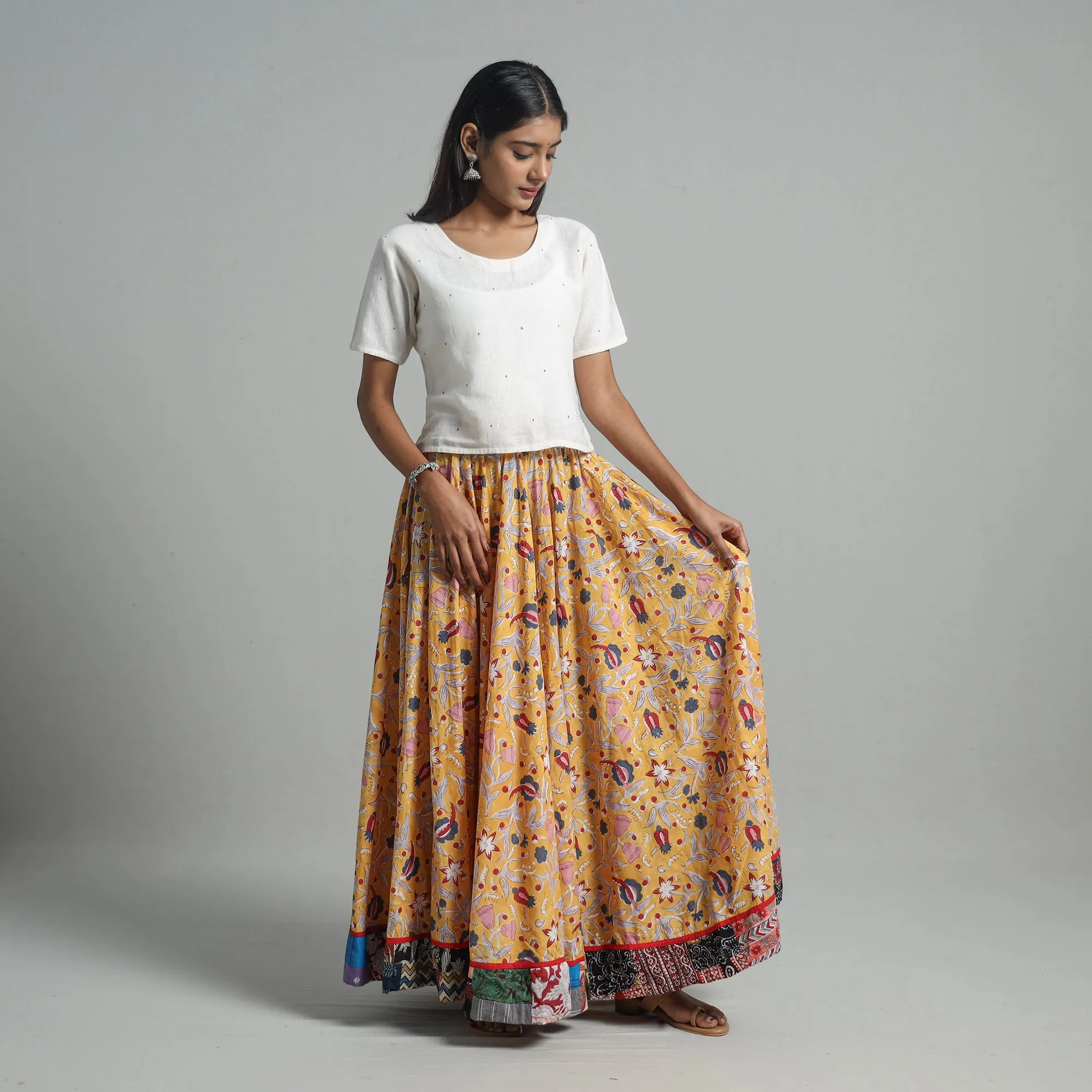 Yellow - Sanganeri Block Print Cotton Long Skirt 03