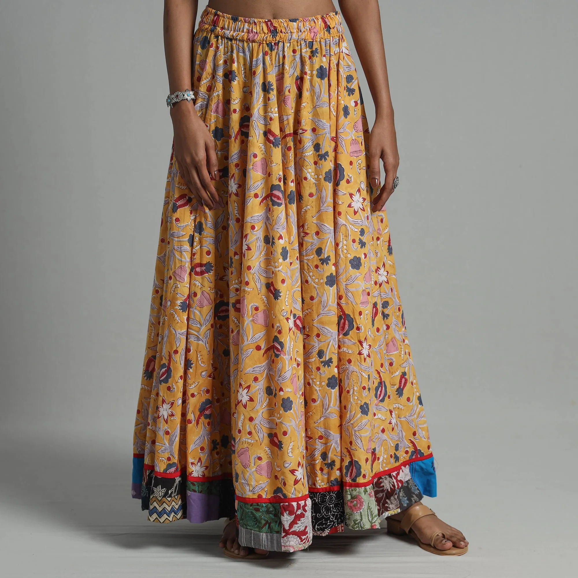 Yellow - Sanganeri Block Print Cotton Long Skirt 03