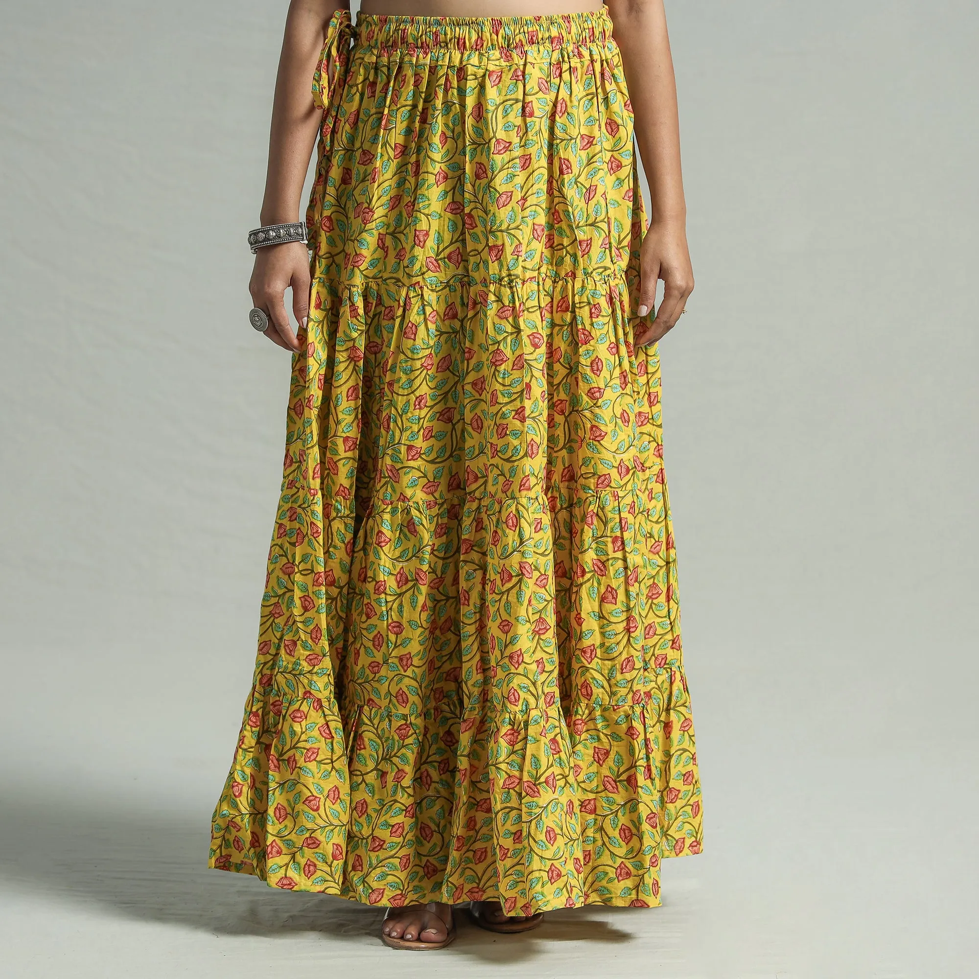 Yellow - Sanganeri Block Printed Tiered Cotton Long Skirt