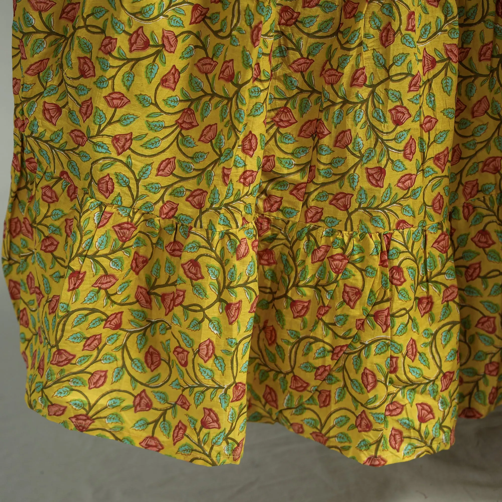 Yellow - Sanganeri Block Printed Tiered Cotton Long Skirt