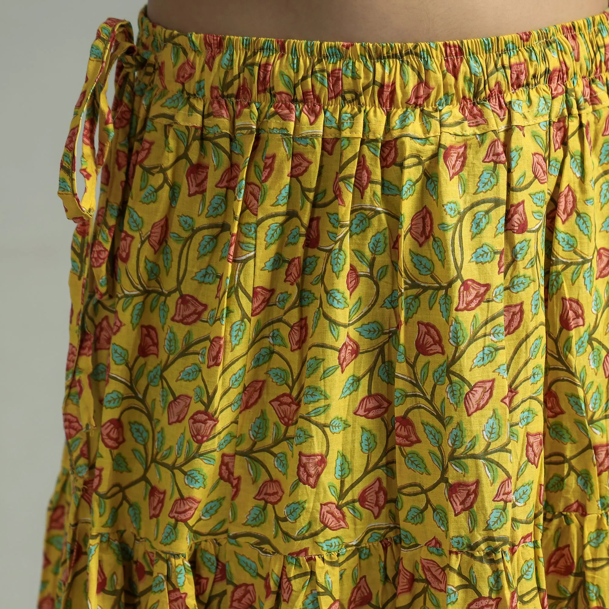 Yellow - Sanganeri Block Printed Tiered Cotton Long Skirt