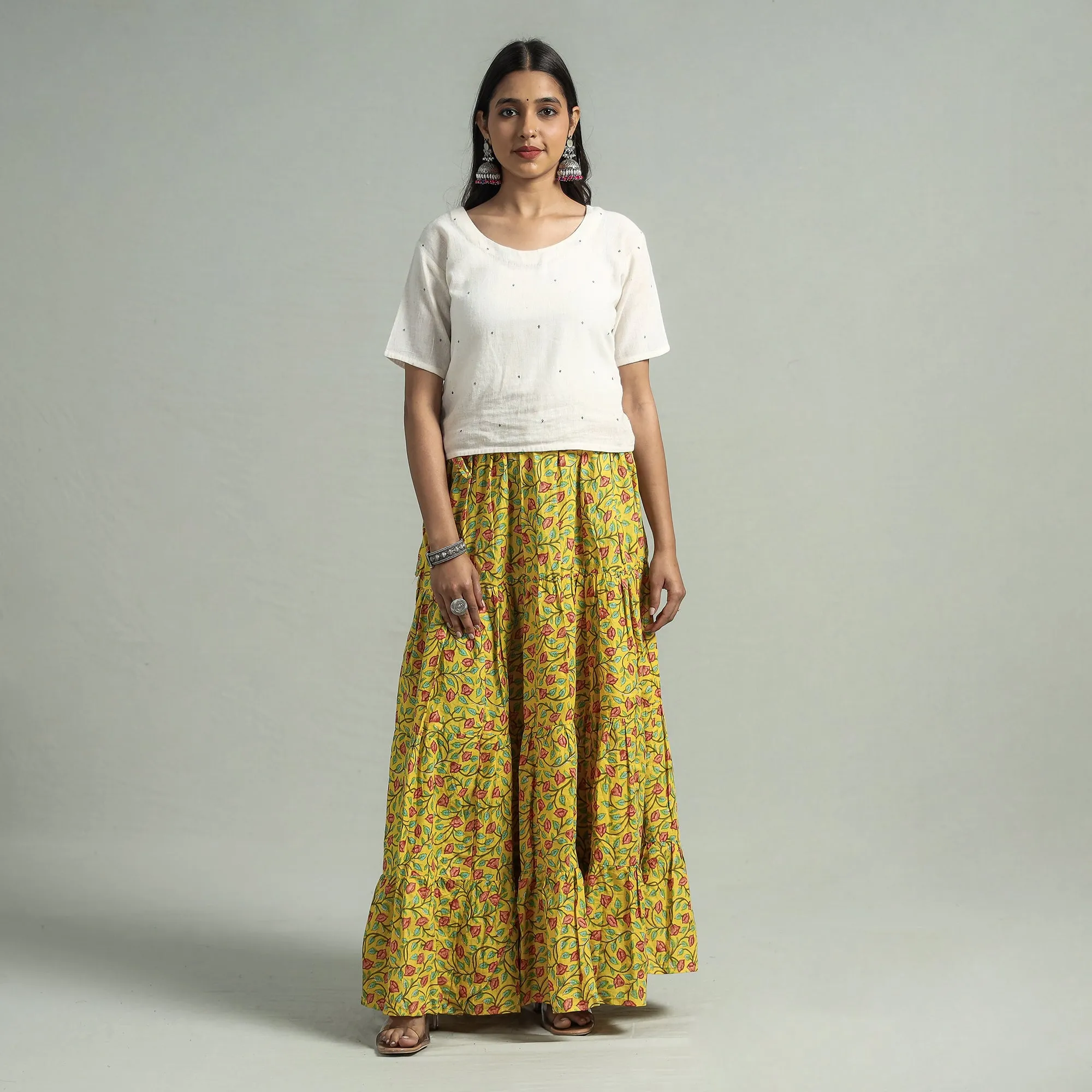 Yellow - Sanganeri Block Printed Tiered Cotton Long Skirt