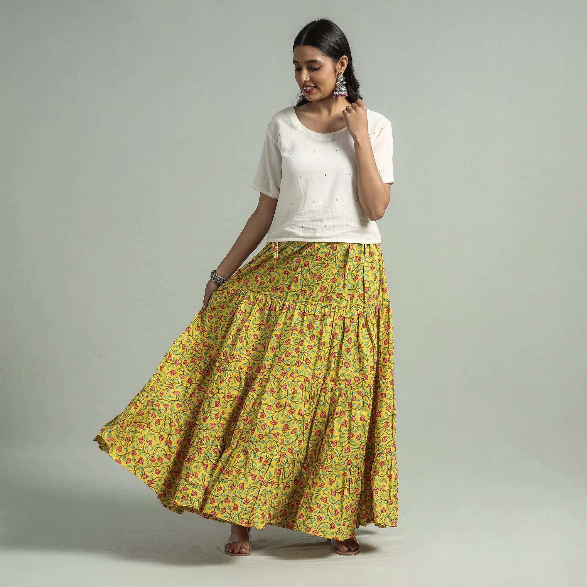 Yellow - Sanganeri Block Printed Tiered Cotton Long Skirt